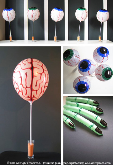 halloween balloon eyes, brain, and fingers